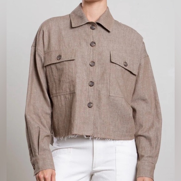 Pharaoh Jackets & Blazers - PHARAOH Cropped Olive Green Linen Shirt Jacket